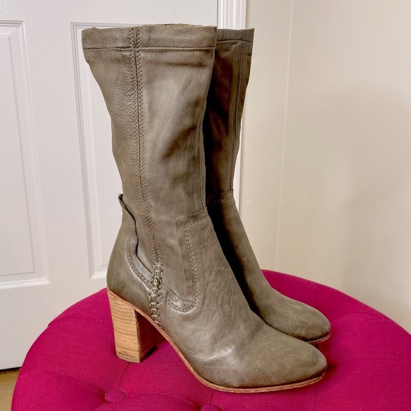 Free People Distressed Butter Soft Leather Wood Block Heel Taupe Gray Bo… - Picture 1 of 15